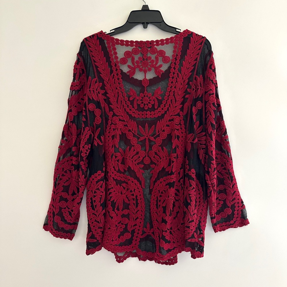 Catherines Red Black Mesh Embroidered Floral Top 2X  Boho Long Sleeve Blouse - Picture 2 of 6